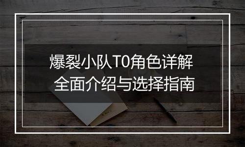 爆裂小队T0角色详解 全面介绍与选择指南